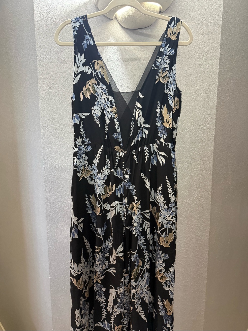 White House Black Market Black Maxi JumpsuitDress with Blue and Tan Floral Print